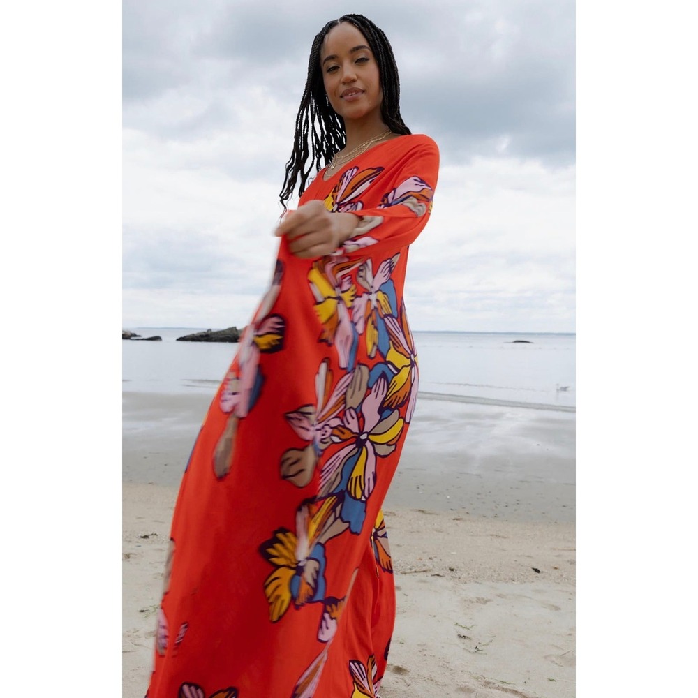 Saachi Tropical Floral Print Maxi Kaftan Dress Orange V-Neck Resortwear One Size - Picture 1 of 6